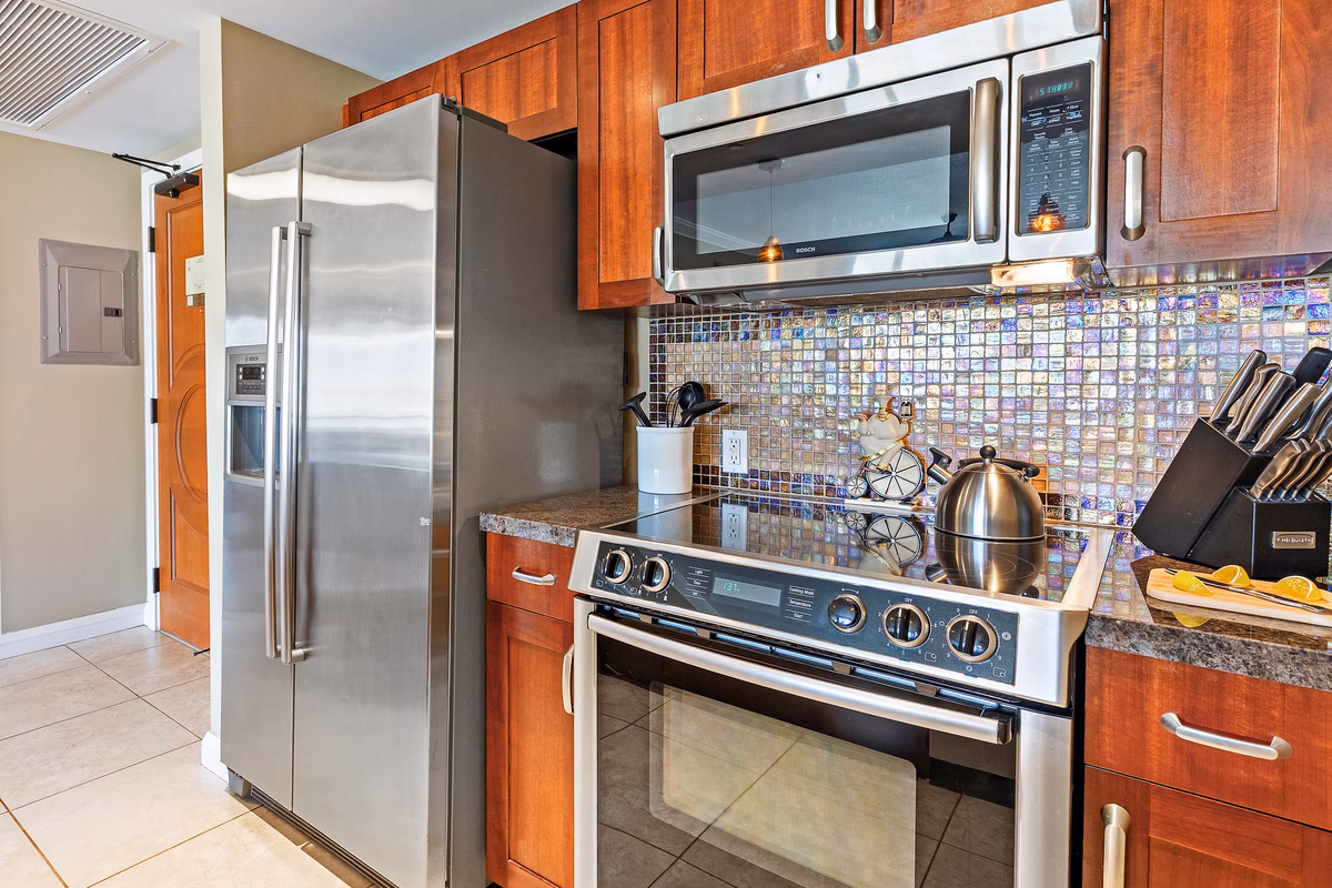 Modern kitchen with Bosch appliances at Honua Kai penthouse